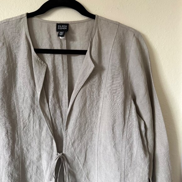 Eileen Fisher Gray Tie-Front Lightweight Linen Blend Jacket Sz Medium - Picture 2 of 7